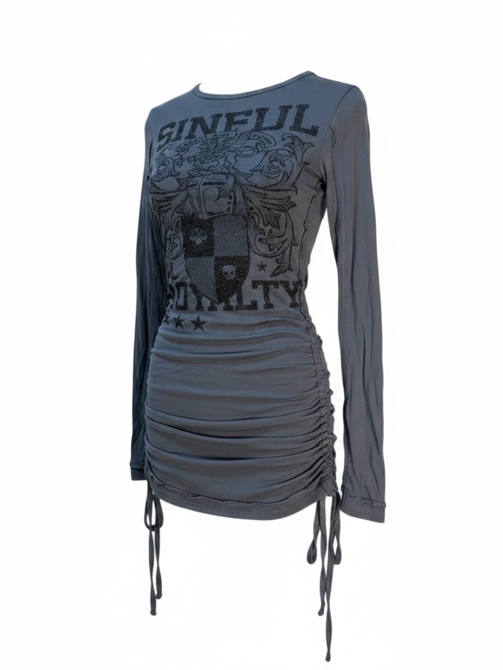 Sinful Gray Graphic Ruched Long-Sleeve Dress